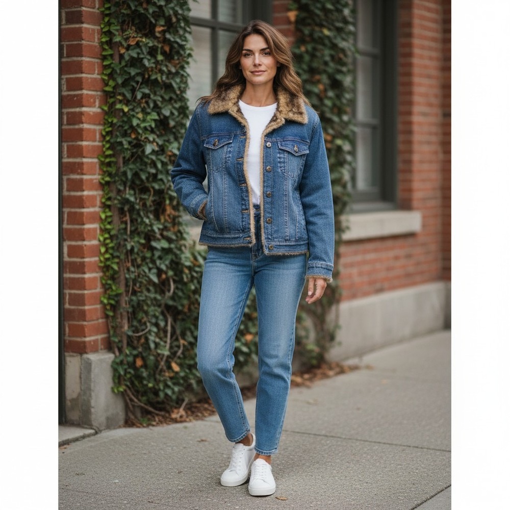 Marvin Richards Denim Jacket Womens XL Blue Excellent Faux Fur Lined Trim